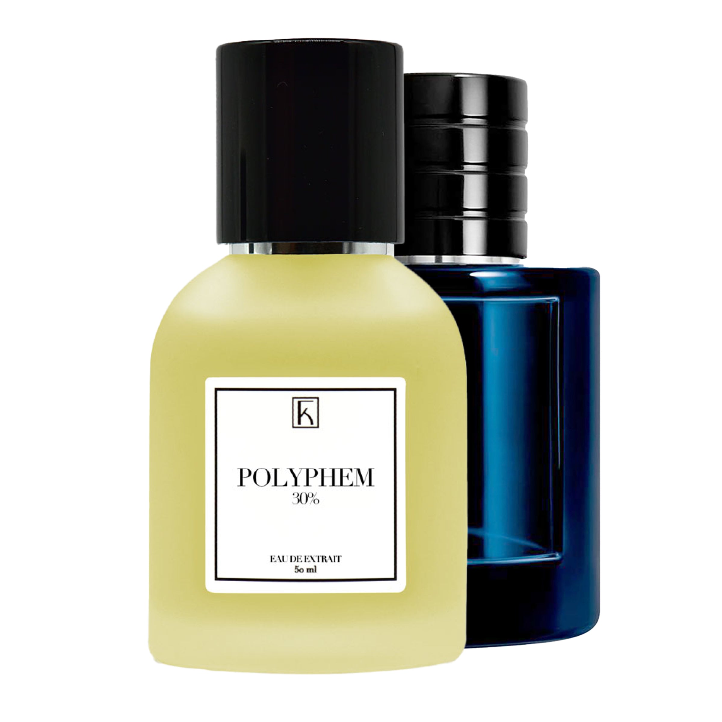 Im Vordergrund steht eine gelbliche Parfümflasche mit schwarzem Deckel, Polyphem 30% beschriftet, dahinter blaue Flasche.