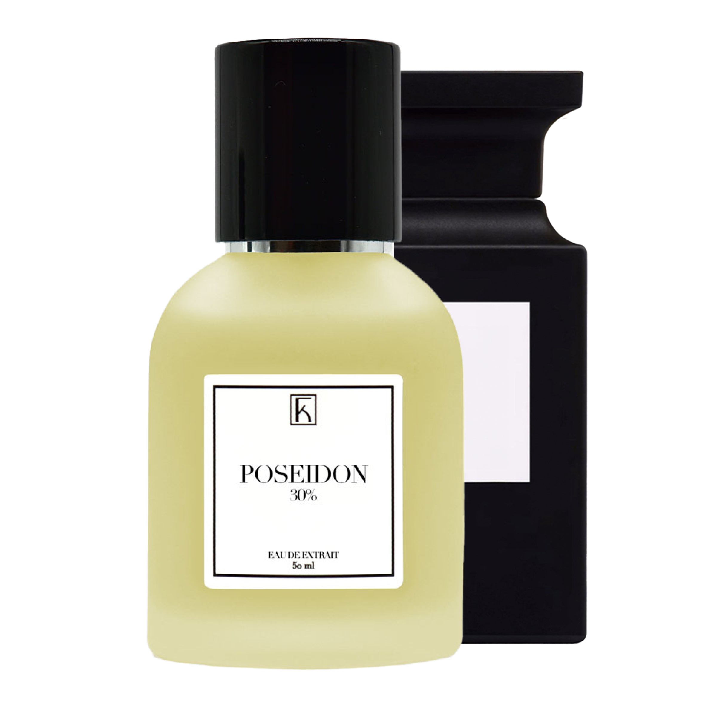 Im Vordergrund steht eine runde, matte Parfümflasche mit schwarzem Deckel und weißem Etikett „POSEIDON 30%“. Dahinter schwarze Verpackung.